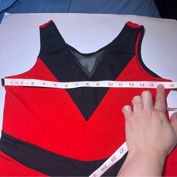 Bebe Red Black Peplum Top Mesh Front Women’s Size Large Business Casual - Picture 3 of 8